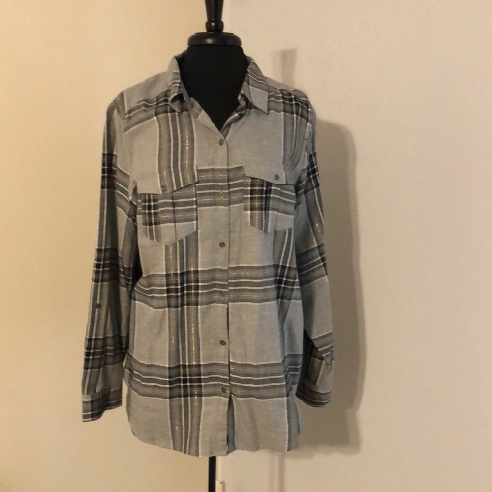 Grey white black with gold thread plaid shirt